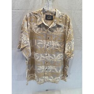 BD Baggies Mens Large Short Sleeve Palm Leaf Tropical Button Up Shirt Tan Gray